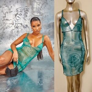 PLT Green Swirl Sheer Mesh Overlock Stitch Strappy Bodycon Dress